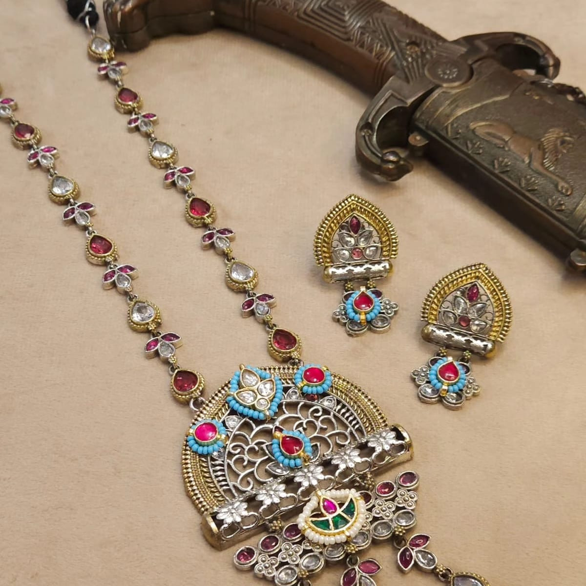 Premium quality dual tone pachi Kundan Beautifull fusion pachhi Kundan long necklace and earring setundan necklace and earrings with with premium quality American diamond stone